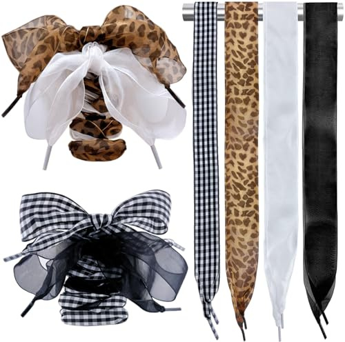 Lapanjuor 4 Pairs Shoelaces for Sneakers,Fashion Soft Satin Ribbon Shoe Laces for Women Girls,Leopard Plaid Checkered Casual Shoestring (color B)