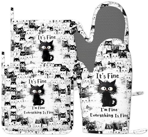 Black Cat Oven Gloves, 4pcs Oven Mitts & Pot Holders Heat Resistant and Non-Slip Silicone Gloves for Cooking, Baking, BBQ, Kitchen Decor Gift