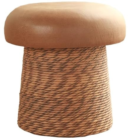 Seegras Ottoman Pouf, handgewebter runder Fußhocker mit Lederkissen, gepolsterter Akzentstuhl, Fußstütze für Wohnzimmer und Schlafzimmer