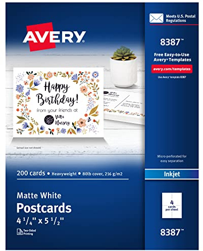 Avery Printable Postcards, 4.25 x 5.5, Matte White, 200 Blank Postcards for Inkjet Printers (8387)