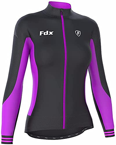 FDX Womens Thermodream Cycling Jersey Full Sleeve Thermal Roubaix Cycling Jacket (Black/Purple, X-Large)