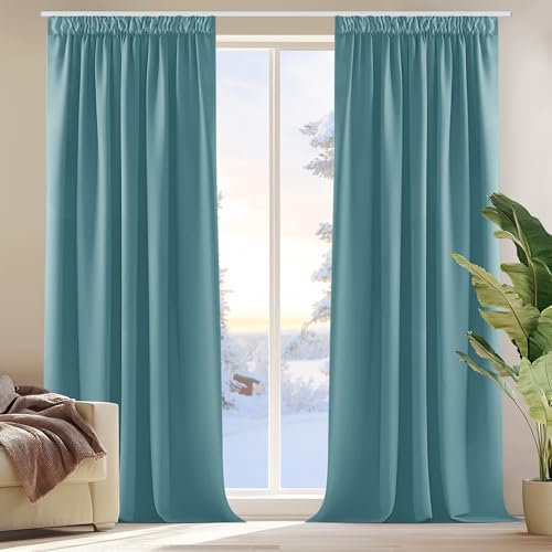 Deconovo Blickdicht Gardinen mit Kräuselband Vorhang Kinderzimmer Balkontür, 214x132cm(HöhexBreite), Himmelblau, 2er Set