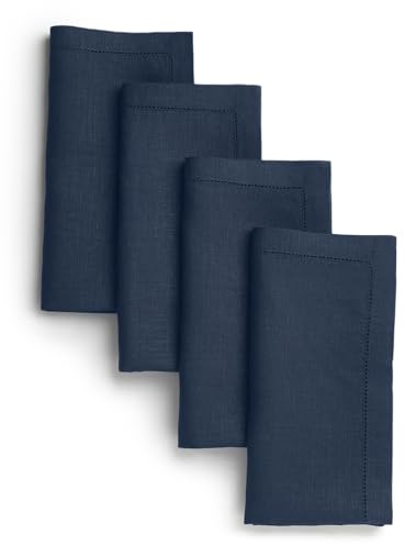 D'Moksha Homes Servietten, 100 % reines Leinen, Hohlsaum, Marineblau, 4 Stück, 50.8 x 50.8 cm, natürlicher Stoff, europäischer Flachs, Stoffservietten, gehrte Ecken, tolle Geschenkidee