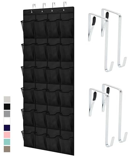 Gorilla Grip Over the Door Shoe Organizer, 24 Large Breathable Mesh Pockets, Space Saving Hanging Storage Holder, Closet Rack Hanger Holds Up to 40 lbs, Hangs on Closets for Shoes, Accessories, Black