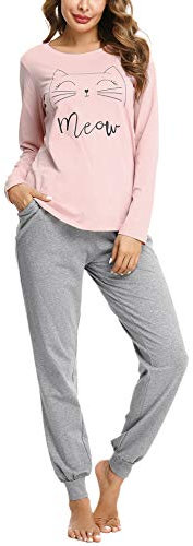 Sykooria Pyjama Femme Hiver Coton Vêtements de Nuit à Manches Longues Col Rond Ensemble 2 Pièces Doux et Confortable Rose S