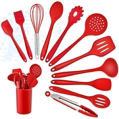 Kitchen Utensil Set, Homikit 12 Piece Cooking Utensils, Silicone Kitchen Utensils Set with Holder, Heat Resistant Kitchen Tools Include Spoons Turner Spatula Ladle Tong for Non-Stick Cookware, Red
