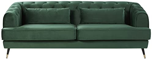 Beliani Retro Samt 3-Sitzer Sofa Dunkelgrün Chesterfield Stil mit Kissen Sletta