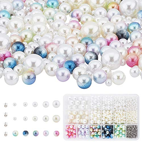 PandaHall 955pcs 5 Größen Imitation Runde Perlen Keine Löcher Perlen Regenbogen Acryl Lose Perlen Mit 20g Perlennietknöpfen Für Die Hochzeit, Party, Hüte Schuhe Kleidung Taschen Röcke DIY Basteln