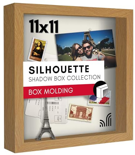 Americanflat 28,9 x 28,9 cm Schattenbox-Rahmen mit bruchfestem Glas – Silhouette Collection – Große Schattenbox Vitrine für Tischplatte und Wand – Dunkle Eiche mit weicher Filz-Rückseite