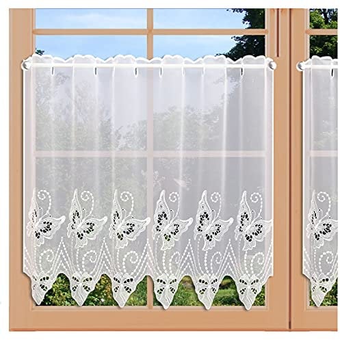 Spitzen-Scheibengardine Schmetterlinge Plauener Spitze mit Perlenschnur-Muster weiß in 2 Höhen seitlich gesäumt