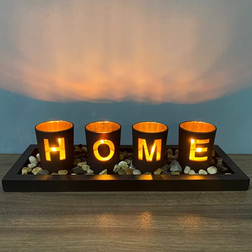 Kerzenständer Teelichthalter 4 Stück,Kreatives Set aus Holz Home Buchstabenkerzenhalter, Kerzenleuchter Kerzenhalter Tischdeko Deko Wohnzimmer Schlafzimmer Balkon Badezimmer (Home)