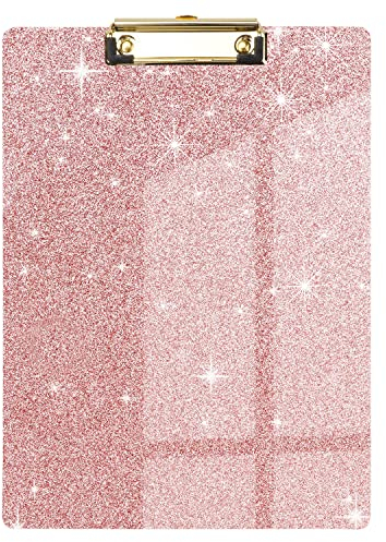 WAVEYU Porte-bloc en acrylique rose pailleté pour femmes et filles, porte-bloc format lettre standard avec clip doré discret conçu pour une utilisation en classe, à l'école et au bureau, format A4