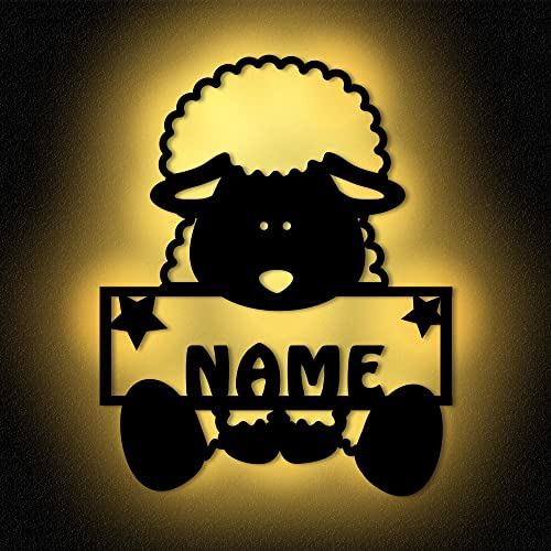 Schaf Sheep Lampe Kinderzimmer Wandlampe Nachtlicht Holz Led Licht mit Namen - Geschenke personalisiert I Batteriebetrieb