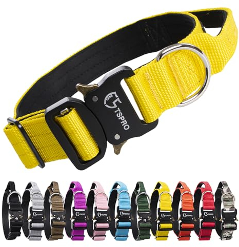 TSPRO Premium Hundehalsband mit Griff Dickes Verstellbares Taktisches Hundehalsband Schwere Ausführung Schnellverschluss Metallschnalle für Mittelgroße bis Große Hunde (Gelb M)