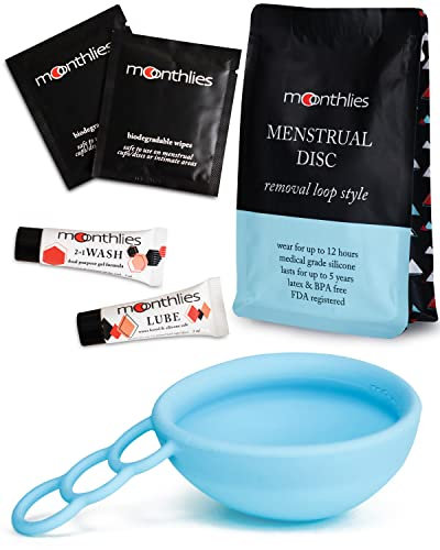 MOONTHLIES Reusable Menstrual Disc | Period Disc with Removal Loop Stem | Alternative to Menstrual Cups for Light or Heavy Flows | Sustainable Alternative to Tampons/Pads (1 Medium, Blue)