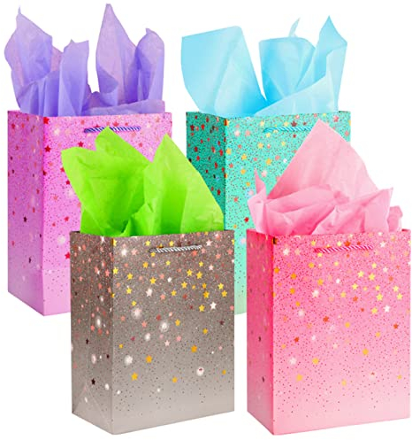 4 Gift Bags (9x7x4 inch) With Tissue Paper and Handle for Birthday, Wedding, Baby Shower, Xmas - Present Set for Women, Men, Kids, Parties
