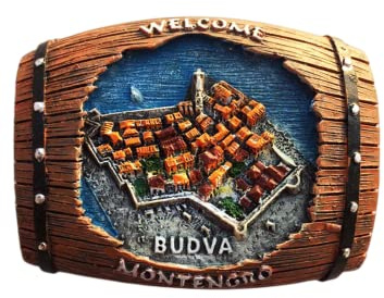 Kühlschrankmagnet, Motiv: Budva Montenegro, Weinfass-Stil, Reise-Souvenirs, Kühlschrank-Dekoration, handbemalt, Bastel-Kollektion