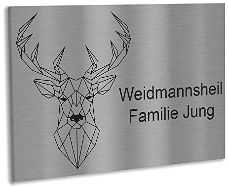 Jung Edelstahl Design Edelstahl Türschild mit Motiv Hirsch in 12x8 cm oder 8x3,5 cm selbstklebend. Brifkastenschild, Postkastenschild, Türschild