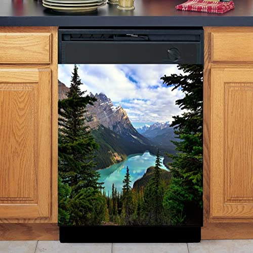 Dishwasher Front Door Cover Sticker,Green Mountain and Forest with Lake Reusable Dishwasher Covers Decor Kitchen for Fridge Panel Decals,Easily Trimmable Home Cabinets Stickers 23 Wx26 H
