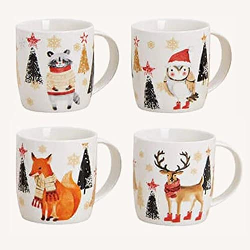 Dekohelden24 Porzellan Weihnachts-Tassen/Becher - Weihnachtstiere - als 4er Set, Größe/H/Ø ca. 9 x 8 cm, Fassungsvermögen ca. 300 ml, spülmaschinenfest