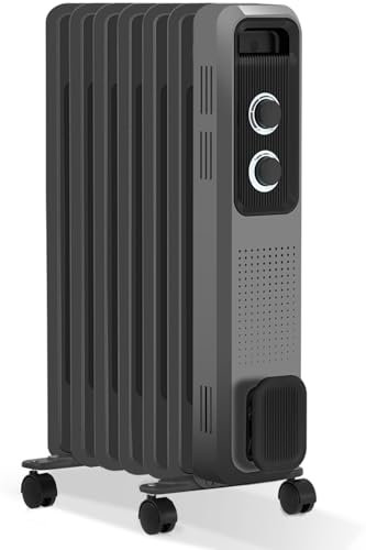 RWFlame Oil Filled Radiator Heater, 1200W With 3 Heat Settings, Adjustable Thermostat, Overheat & Tip-Over Protection, 7 Fins for Home (Grey)