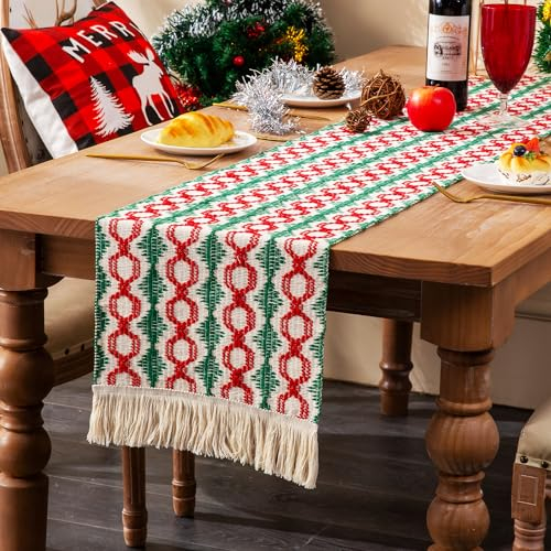 RYXZEN Tischläufer Weihnachten 33x220CM Baumwolle Boho Tisch Läufer Quasten Landhausstil Rustikale für Dinner Kommode Küche Tisch Dekoration Drinnen Urlaub Party Dekor (Roter, Grüner Patchwork-Zopf)