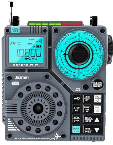 Jazmm Radio portátil de onda corta con sonido de graves de 5 W, AIR/AM/FM/VHF/SW/WB, radio de banda mundial con Bluetooth y control de aplicación, batería de 2000 mAh con antena de cable