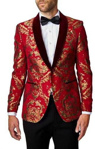 Xposed Mens Gold Brocade Paisley Print on Crimson Red Jacquard Jacket Tailored Fit Party Blazer [BLZ-311-MAROON-VELVET-36]