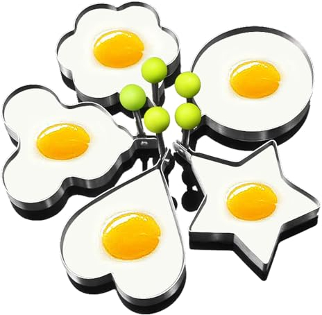 Egg Ring Formen für das Kochen 5 Stück Griddle Ei Ringe Edelstahl Ei Kochen Ringe Herz, Blume, Stern, Micha, Runde Pfannkuchen Form Set, Gelb