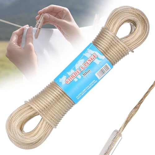30m Filo Stendibiancheria per Esterno, Filo per Stendere il Bucato da Esterno per Impieghi Gravosi con Anima in Acciaio, Fili da Stendere per Balcone Antiruggine e Impermeabili, 120KG LC