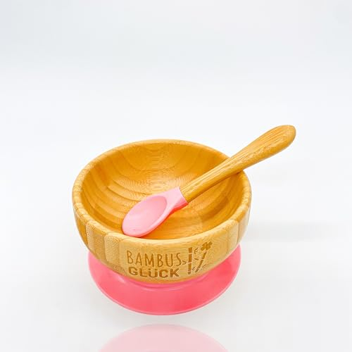 Bambusglück - Breischale Baby aus Bambus mit Saugnapf - PINK - Bambus Schüssel für Kleinkinder & Babys zum Essen lernen - Baby Schüssel mit Saugnapf aus nachhaltigem Rohstoff