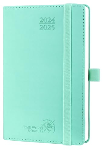 POPRUN Taschenkalender 2025 Klein (Aug.2024-Dez.2025) Softcover mit PU-Leder, ca. A6 (16 x 10,5 cm), Kalender 2025 Klein - Terminplaner 1 Woche 2 Seite mit Stiftschlaufe - Mintgrün