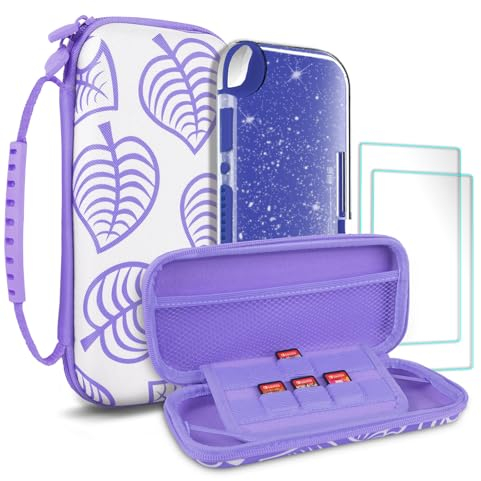 TIKOdirect Tragetasche für Switch Lite, stoßfeste tragbare Reisetasche mit Glitzer-Galaxy-Hülle, Displayschutzfolien und niedlichen Daumengriffkappen, Blattviolett