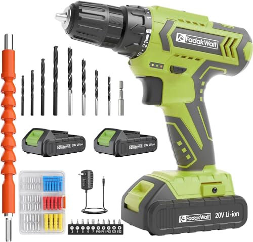 FADAKWALT Atornillador Electrico, juego de taladro atornillador sin cable 20V 2 baterías recargables1300mAh, taladro sin cable 21+1 niveles de par, 2 velocidades variables
