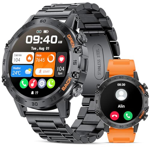 SUNKTA Montre Connectée Homme avec Appel Bluetooth pour Android iOS 400 mAh Smartwatch Homme Noir Acier Orange Silicone pour Montre Intelligente Homme Fréquence Cardiaque Santé Moniteur,100+ Sport