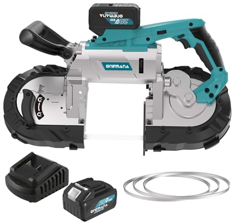 ONEMANA 5 inch Cordless BandSaw,20V Cutting Capacity Brushless Metal Band Saw,Not Hot Sparks, Portable BandSaw for Deep Cut with 6 Speeds Adjustable( Battery Included)