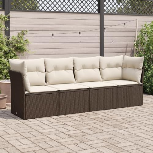 ULUYYUC 4-TLG. Garten-Sofagarnitur, Eckbank Bodensofa Eckbankgruppe Gästebett Geeignet für Außenbereich Hinterhof Balkon Garten mit Kissen Braun Poly Rattan