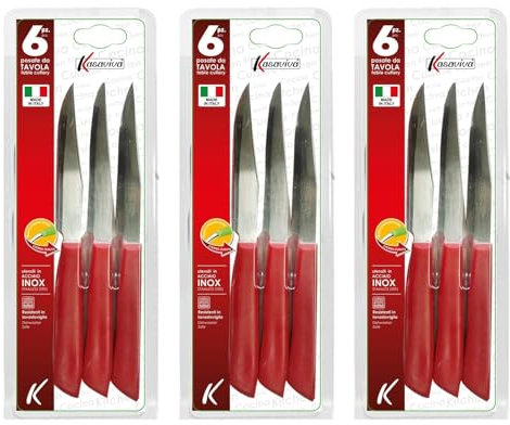 kasaviva Coltelli da Bistecca, Set di 6pz per Tavola, ideali anche per Carne e Pizza, Lama in Acciaio Inox, Manico Indeformabile (3, Rossi)