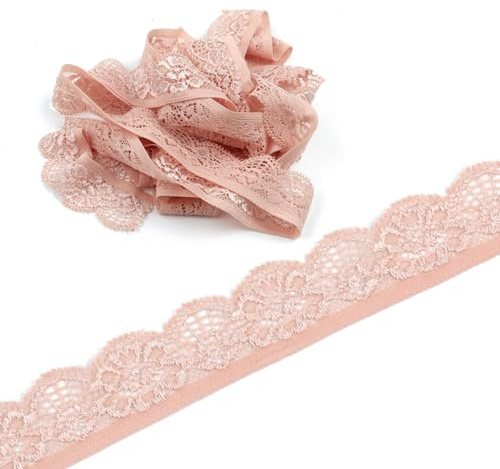 5 Yards Elastizität Spitzenband Spitzenborte, 25mm Spitzenbordüre Spitzenbesatz Dekoband Zierband Borten Bänder zum Nähen,Spitze-Borten für Handwerk Nähzubehör Kleid Hochzeit Unterwäsche, Altrosa