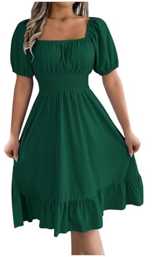 Milkmaid Dress Women Summer Ruffle Short Sleeve Square Neck Midi Dresses Elastic Waist Casual Shirred Dress Plain Oversized Dresses Solid Holiday Party Beach Dress Elegant Shift Milk Maid Dresses