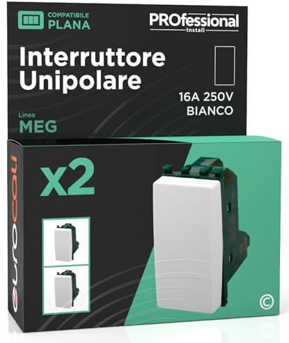 Interruttore Unipolare di Corrente 16A 250V Compatibile con Vimar Plana a Incasso da Muro Frutti Elettrici Colore Bianco - Confezione da 2