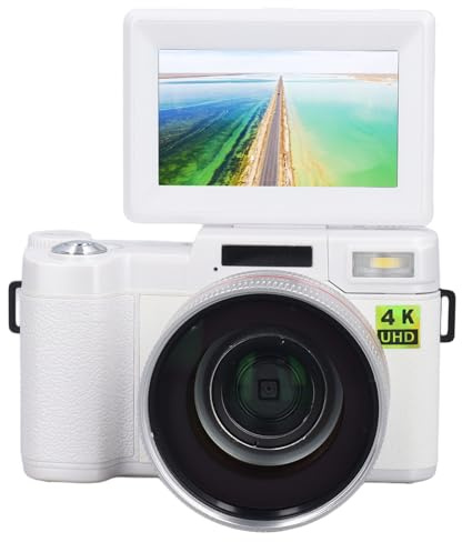 4K-Digitalkamera für Fotografie, Autofokus, 48 ​​MP Vlogging-Kamera für YouTube mit 3-Zoll-180°-Klappbildschirm, 4-facher Digitalzoom-Video, Kompakte Reisekamera mit 32 GB (White)