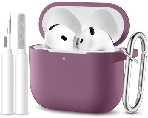 Maledan Funda Compatible con AirPods 4 2024 Case, Funda Protectora de Silicona Suave de Cuerpo Completo para Apple AirPods de 4 Generacion con Kit de Limpieza y Mosquetón [LED Visible],Morado Ahumado