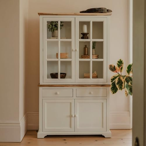 Statement Furniture Florence Display Cabinet, White Glass Top Dresser, 2 Drawers, 2 Door Cupboard, Brushed Acacia Wood Top | W120cm H200cm D42cm | Kitchen Dining Living Room Storage