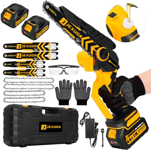 JEXUGK Mini Chainsaw 8 & 6 Inch, 2×4.0Ah Battery with 4 Guides and Chain Knob Adjustment, Automatic Oiling Electric Chainsaw, Portable Battery Chainsaw for Yard and