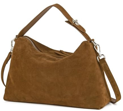 DONNAIN Umhängetasche Damen Leder, Wildleder Handtasche aus Halbmondform, Lederhandtasche Damen Echtleder, Bags for Women, Suede bag, Veloursleder Taschen mit verstellbarem Riemen, Camel