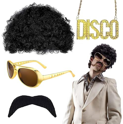 Hippie Peruecke Set, 4 Stück Herren Hippie Perücken Zubehör Set, Disco Hippie Perücke Set, Hippie Afro Perücke, Hippie Herren Disco Perücke, Hippie Mode Afro Perücke, Für Cosplay, Kostümfeste usw