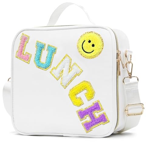 MEEYUU Insulated Lunch Bag Nylon Preppy Boys Girls Lunch Box Large Insulated Lunch Bag Reusable Lunch Tote Bag with Smiley Preppy LunchBag for Girls School Travel Picnic Adjustable (White)