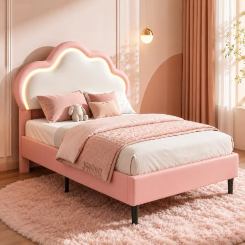 Letto Bambini 90x200 Imbottito con LED RGB Testiera a Nuvola, Letto Singolo Ragazze con Testiera Regolabile, Struttura in Pelle PU Rosa/Bianco, Rete a Doghe in Legno, Letto Cameretta Bambini Moderno