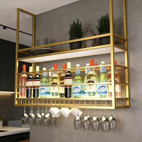 RAJYQODIS Plafond Bouteilles Suspendu,Porte-Verres à vin Suspendu en métal， Porte-Verres à vin Suspendu à 2 Niveaux, pour Bar, Restaurant, café et Cuisine (Or, 140cm)
